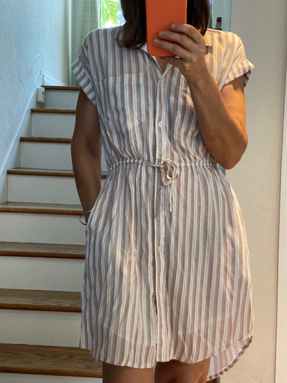 Japna striped white and peach short sleeve mini shirt dress women XS